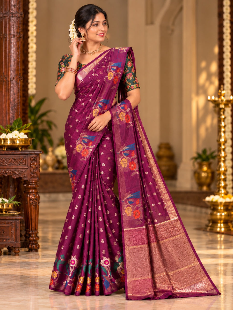Fancy Banaras Saree with Floral Design & Golden Zari Pallu