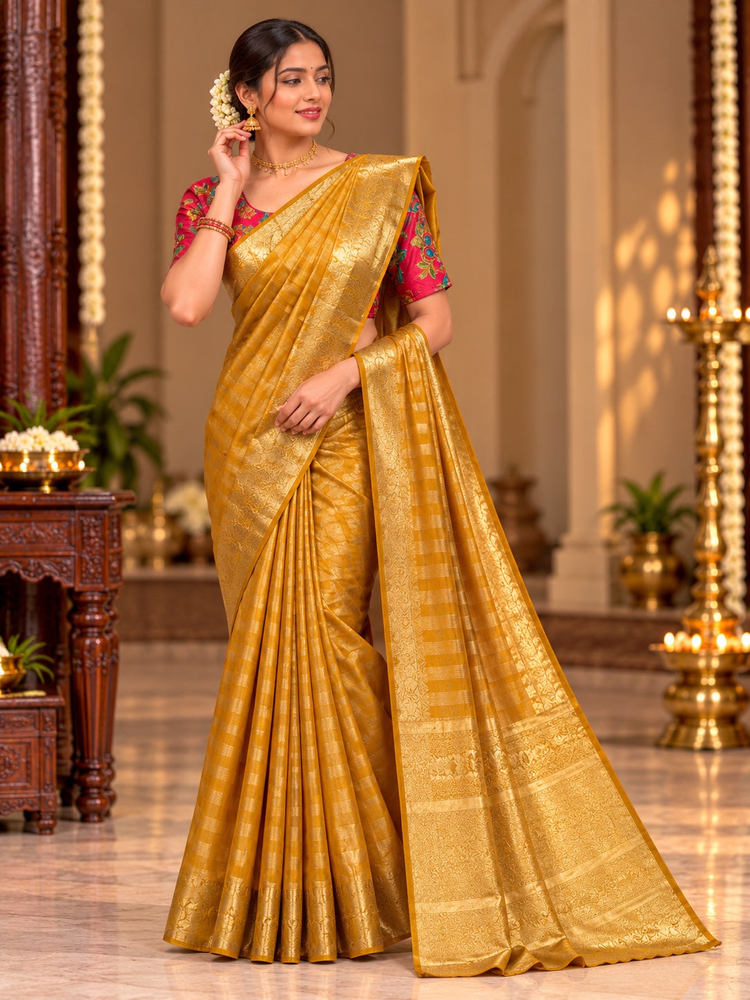 Fancy Kota Banaras Saree with Checks Design & Rich Zari Border