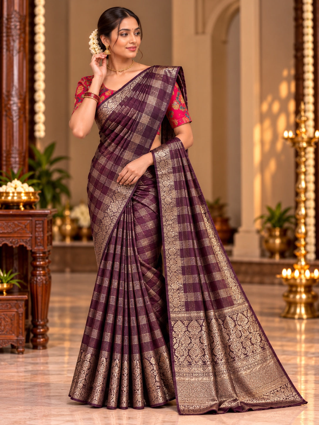 Fancy Kota Banaras Saree with Checks Design & Rich Zari Border