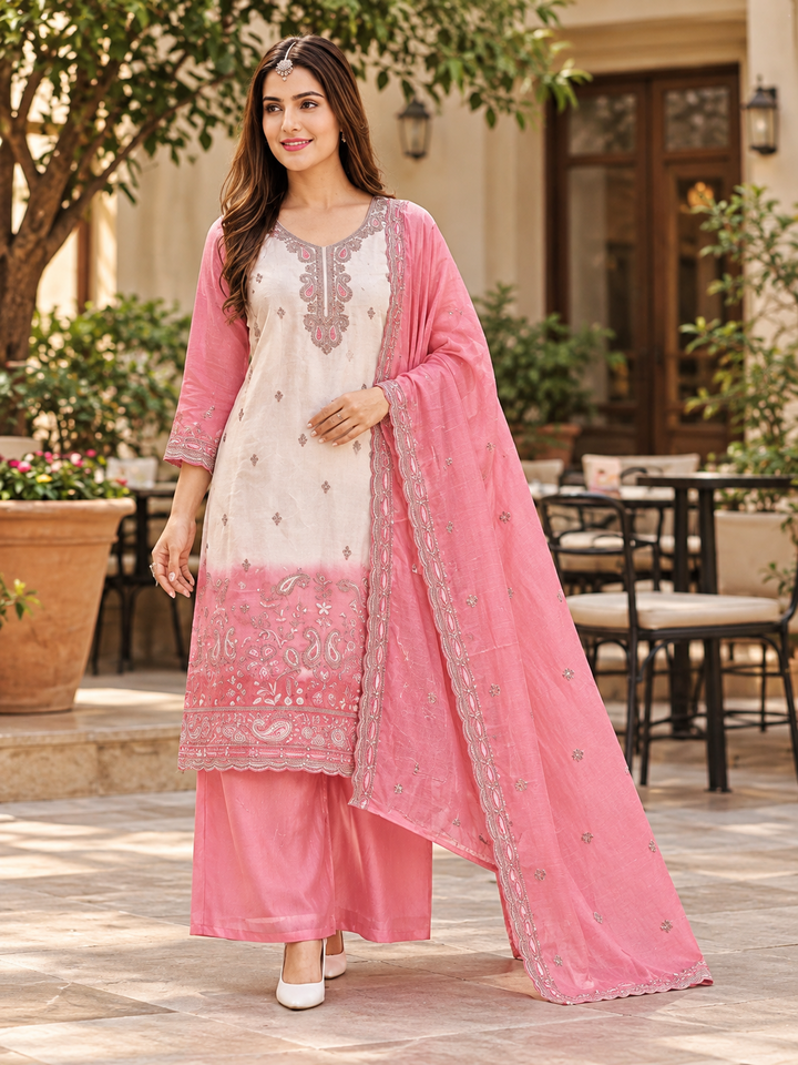 Crunchy Shaded Embroidered 3-Piece Suit Set with Dupatta
