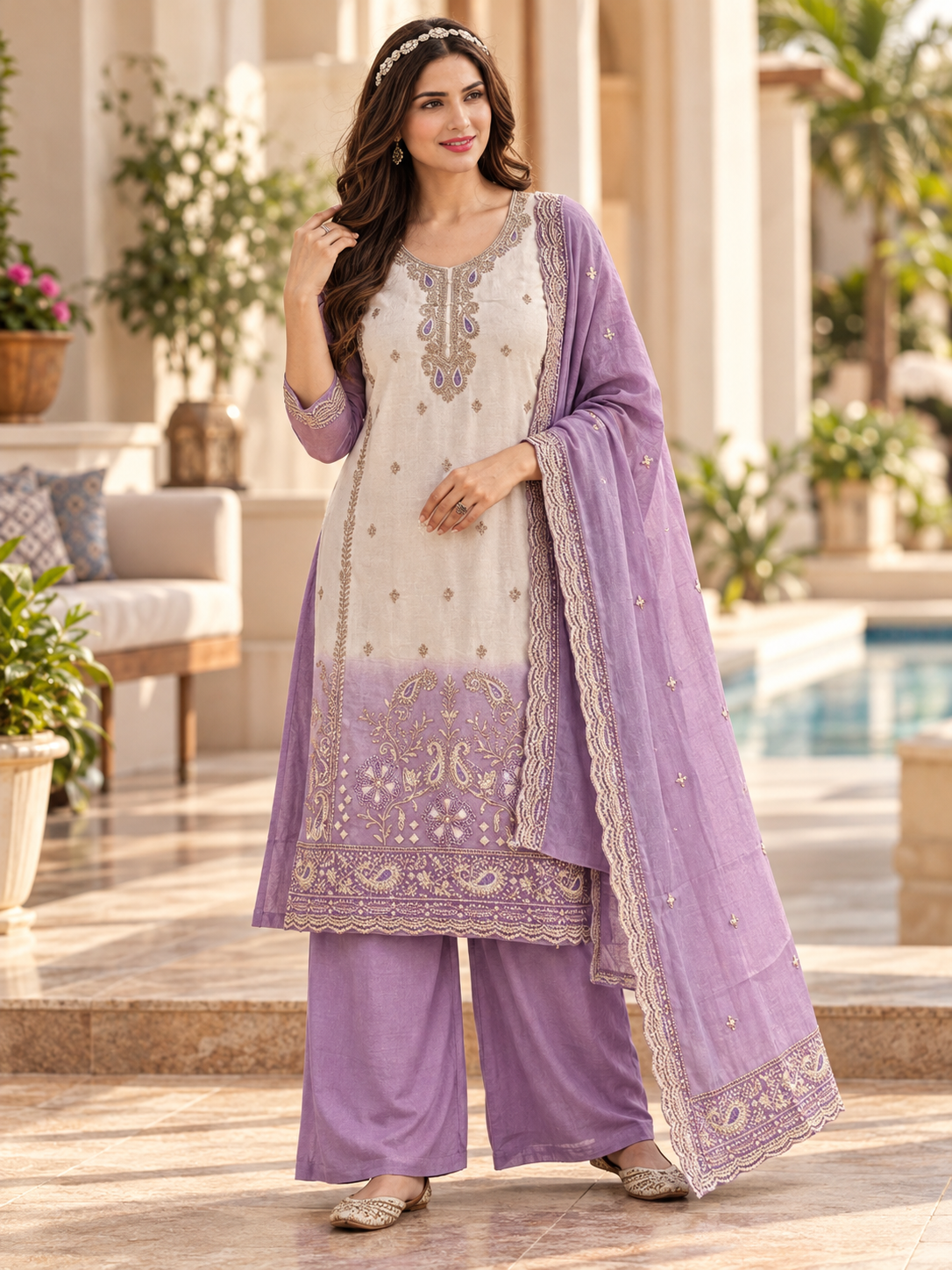 Crunchy Shaded Embroidered 3-Piece Suit Set with Dupatta
