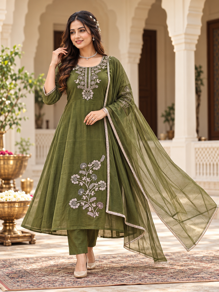 Astha Mull Chenderi Embroidered Anarkali 3-Piece Suit Set