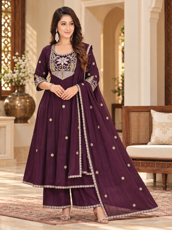 Roman Silk Embroidered Anarkali 3-Piece Suit Set