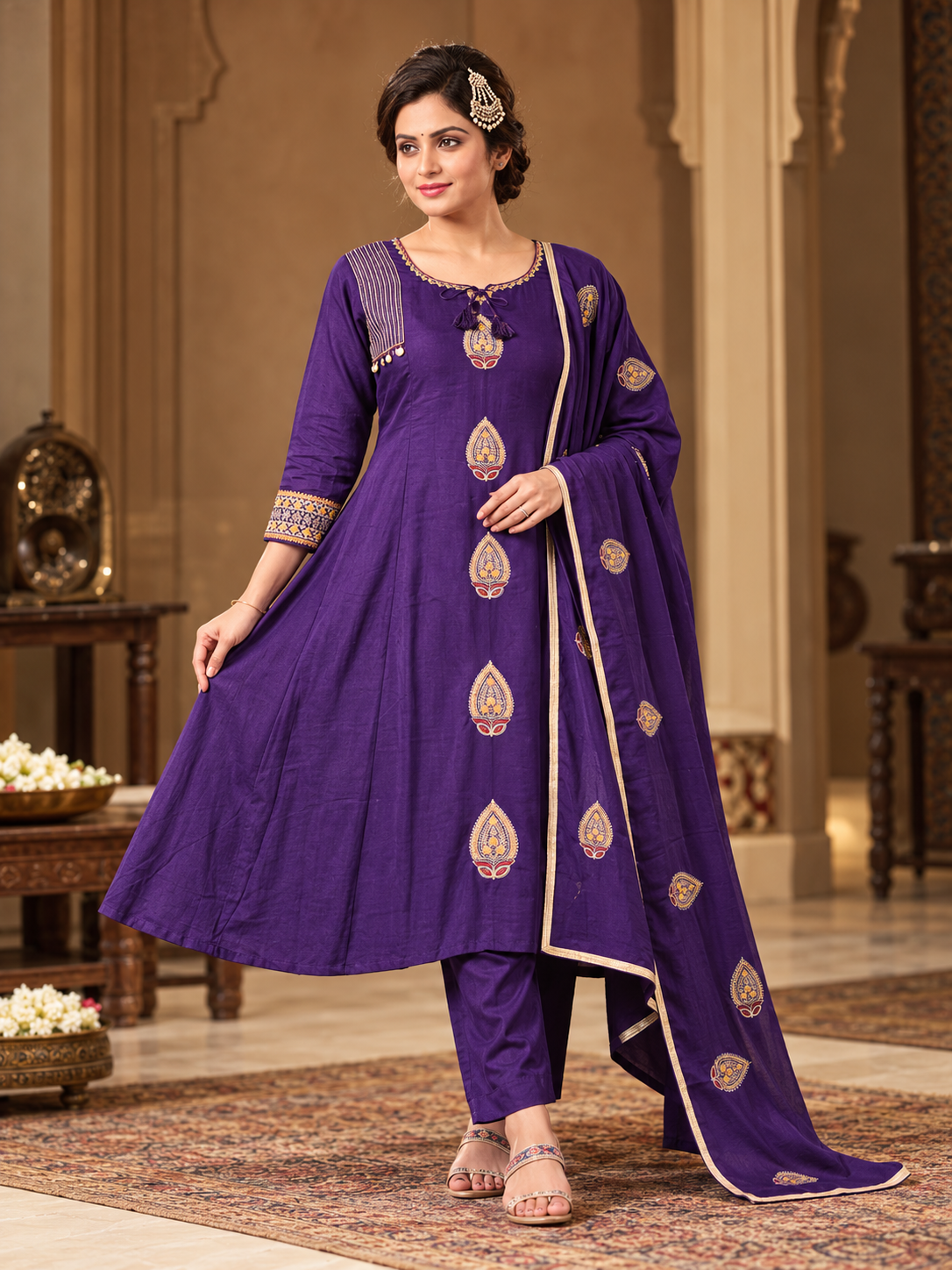 Mull Chenderi Paisley Embroidered Anarkali 3-Piece Suit Set