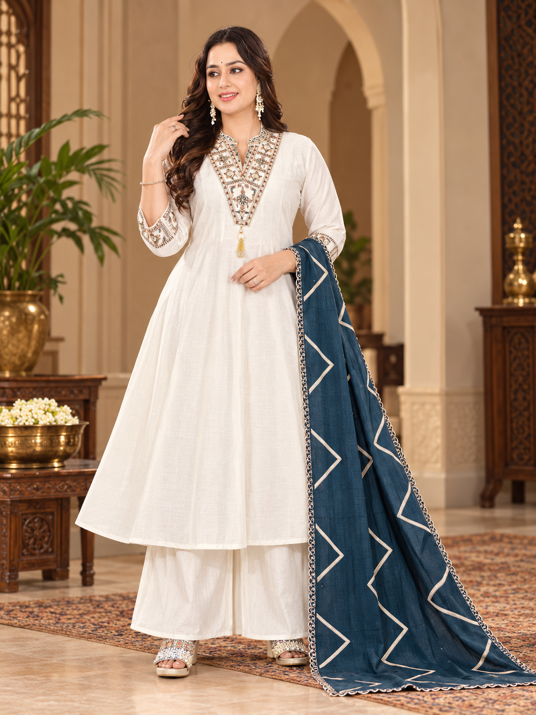 Roman Silk Embroidered Anarkali 3-Piece Suit Set with Contrast Dupatta – Ivory White