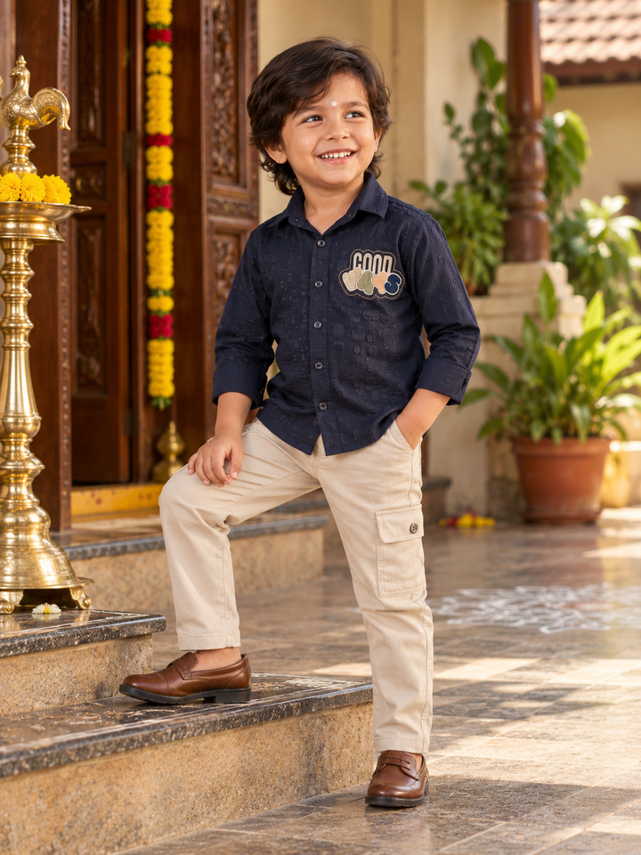 Navy Blue Cool Patch Boys Shirt & Pant Set