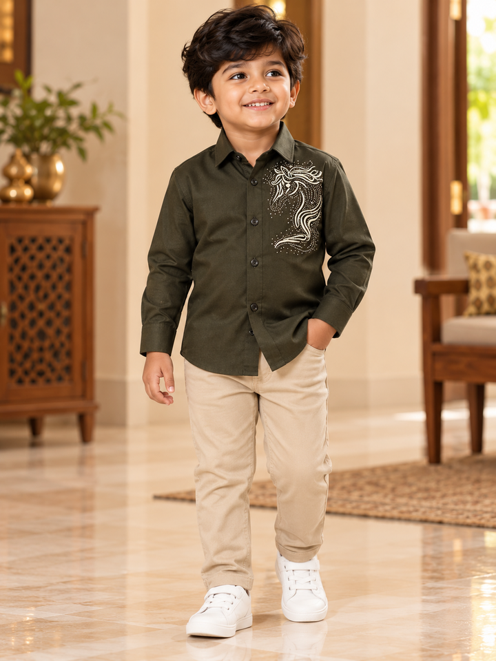 Sage Green Embroidered Boys Shirt & Pant Set