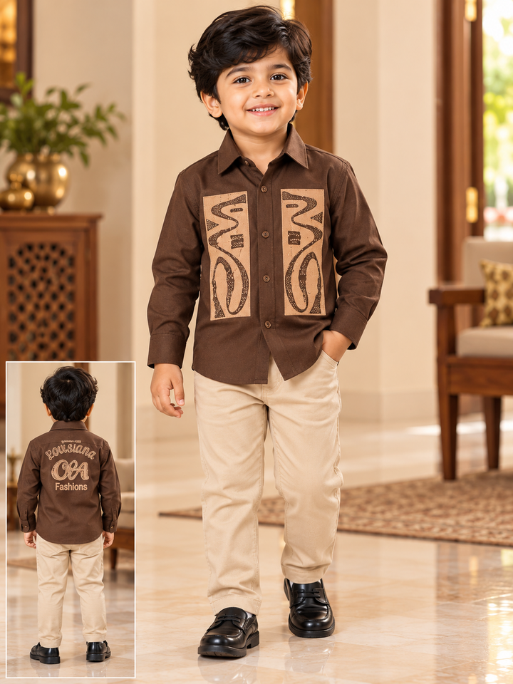Brown Geometric Print Boys Shirt & Pant Set