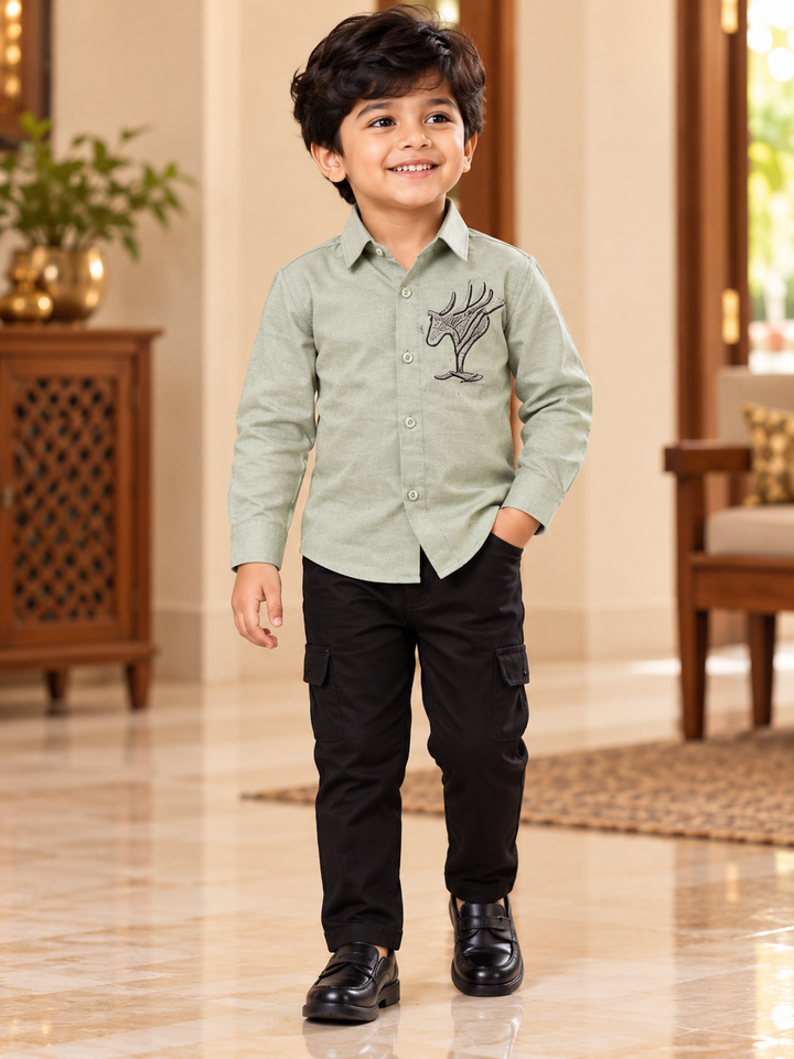 Olive Green Embellished Boys Shirt & Pant Set