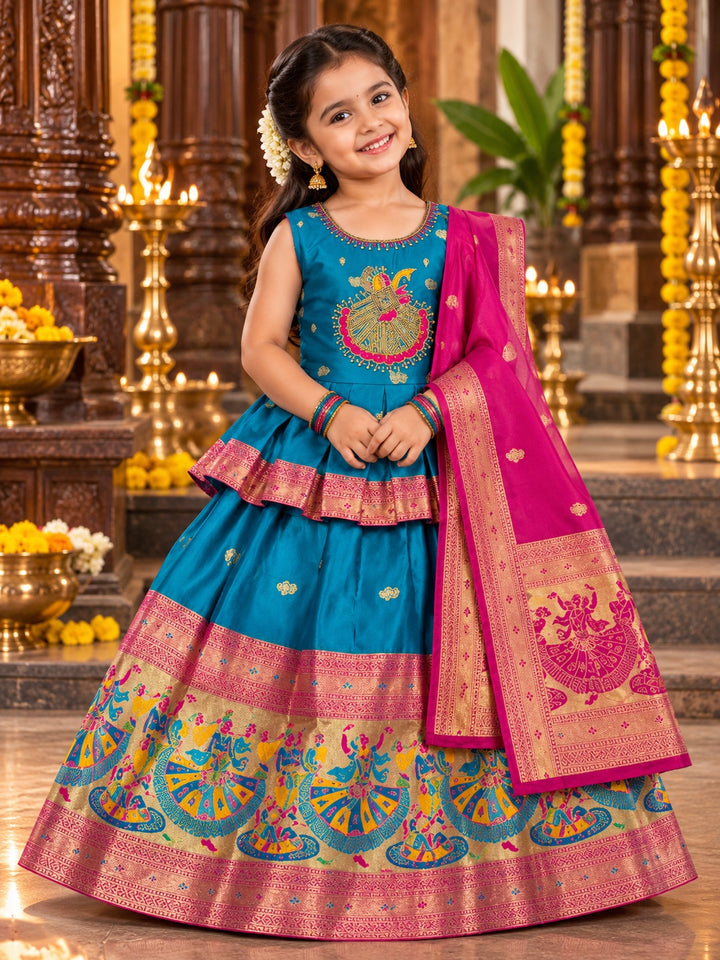 Girls Pattu Peplum Lehenga Set with Traditional Dance Motif Zari Border & Dupatta