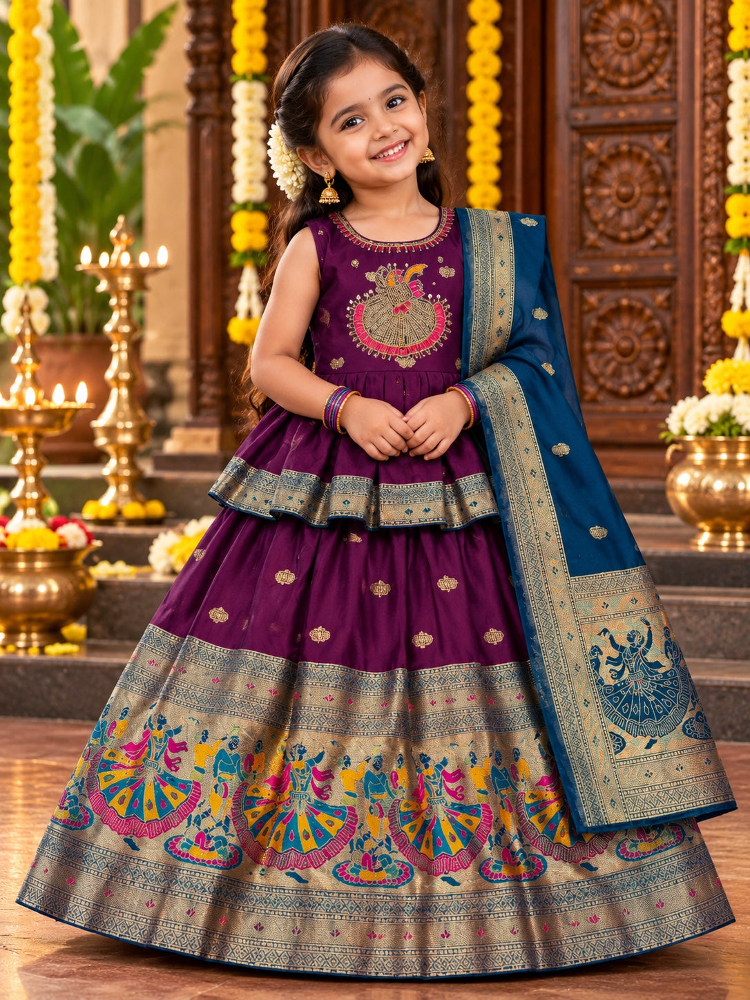 Girls Pattu Peplum Lehenga Set with Traditional Dance Motif Zari Border & Dupatta