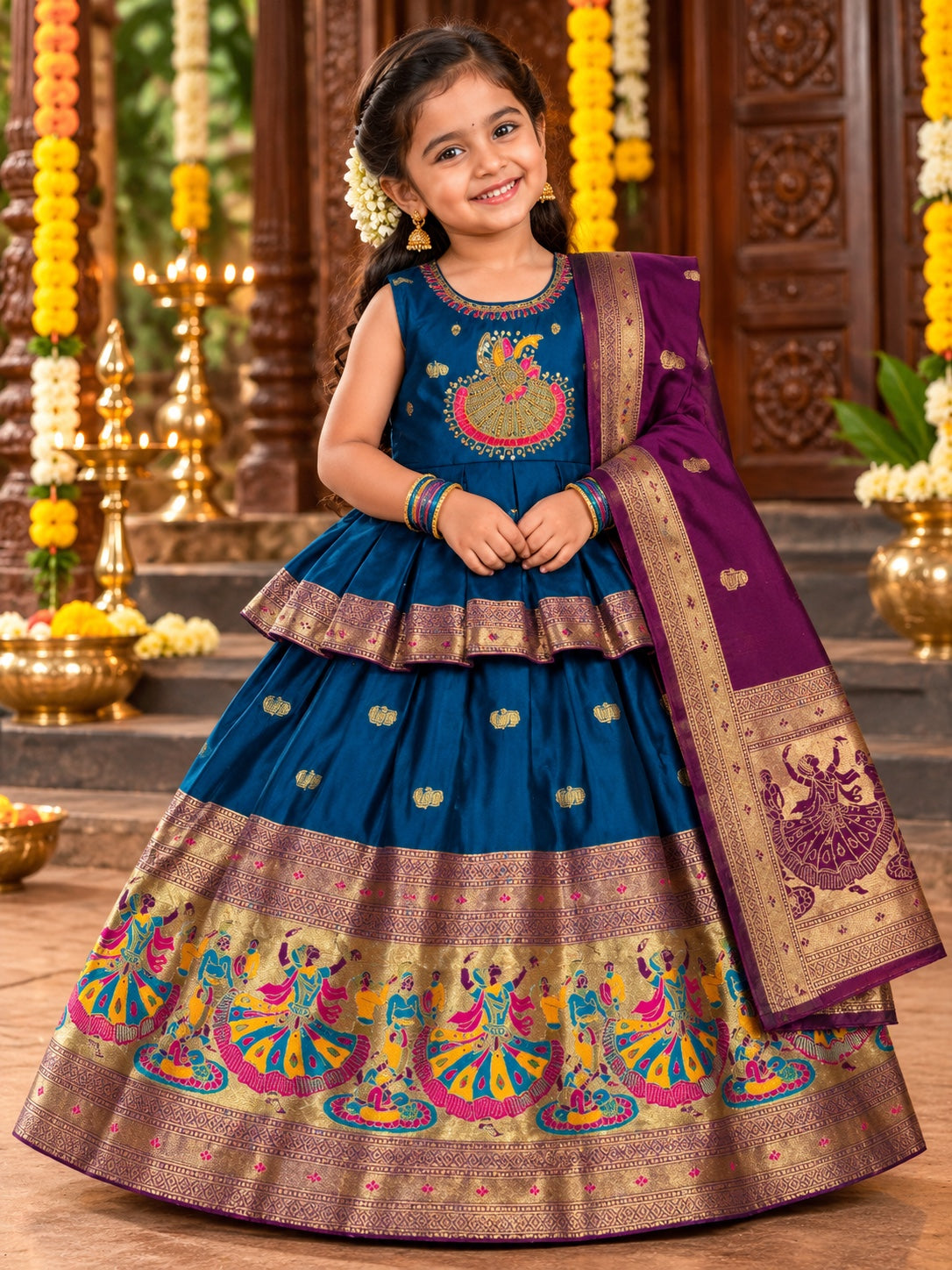 Girls Pattu Peplum Lehenga Set with Traditional Dance Motif Zari Border & Dupatta