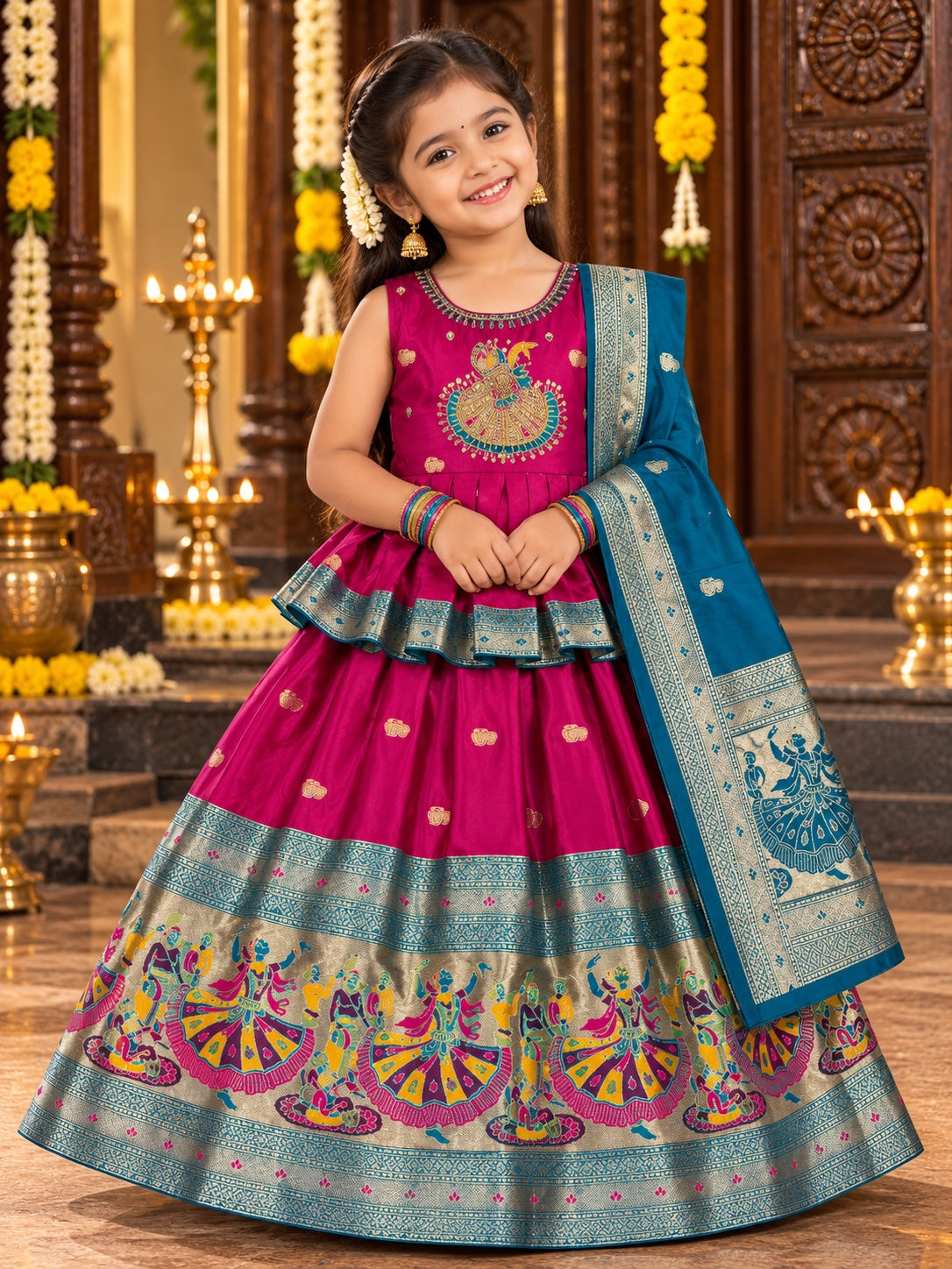 Girls Pattu Peplum Lehenga Set with Traditional Dance Motif Zari Border & Dupatta
