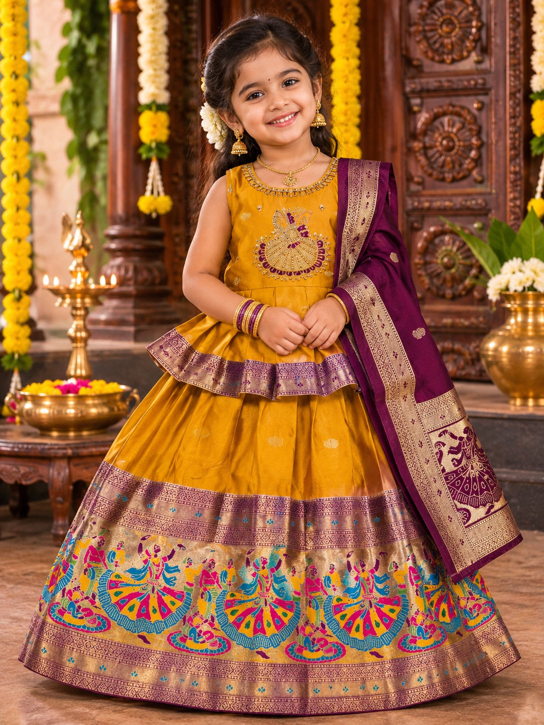 Girls Pattu Peplum Lehenga Set with Traditional Dance Motif Zari Border & Dupatta