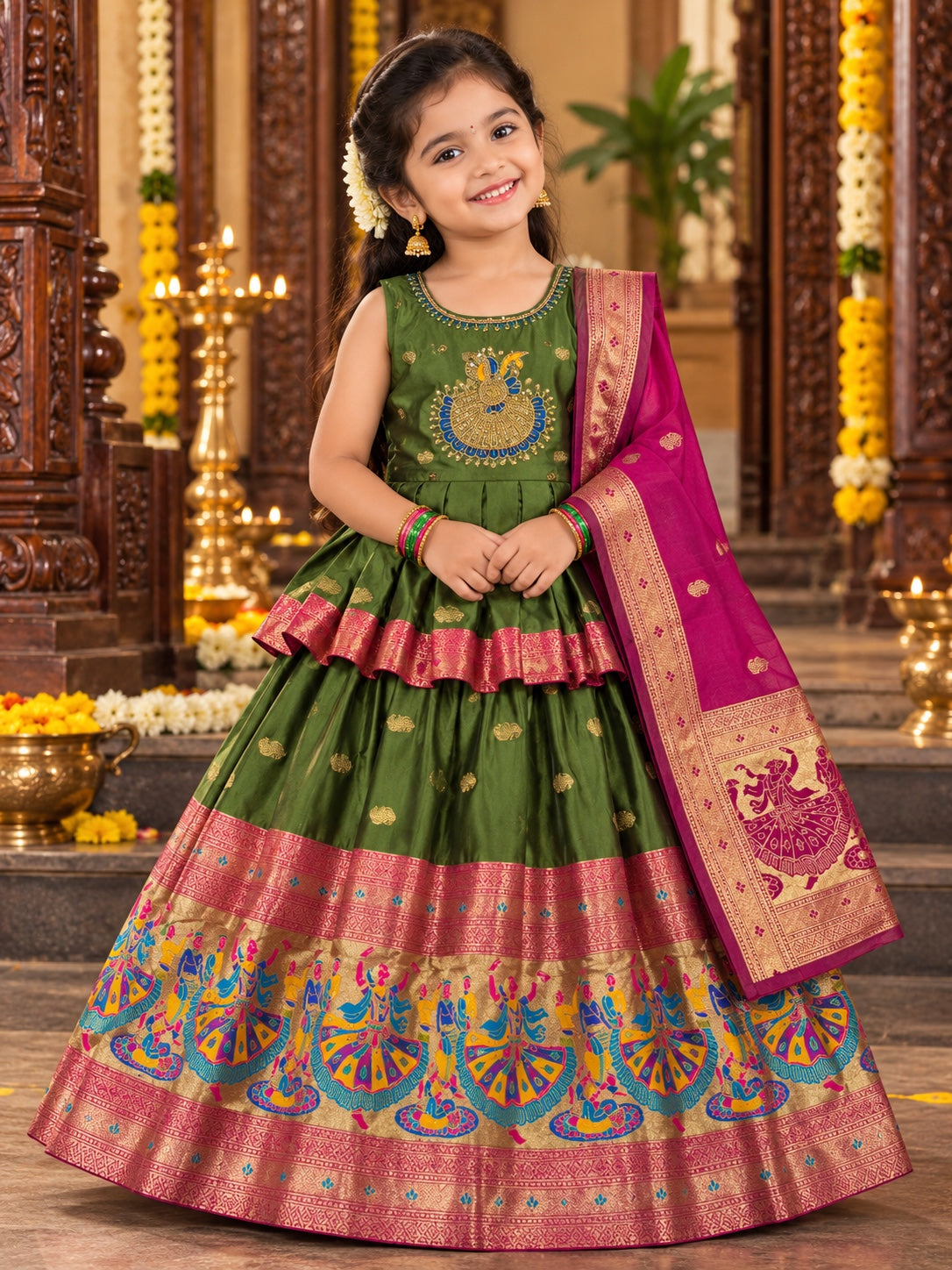 A young girl modeling a green and magenta traditional Indian ethnic dress with gold and multicolor embroidery, set against a decorated temple-like background with brass lamps.