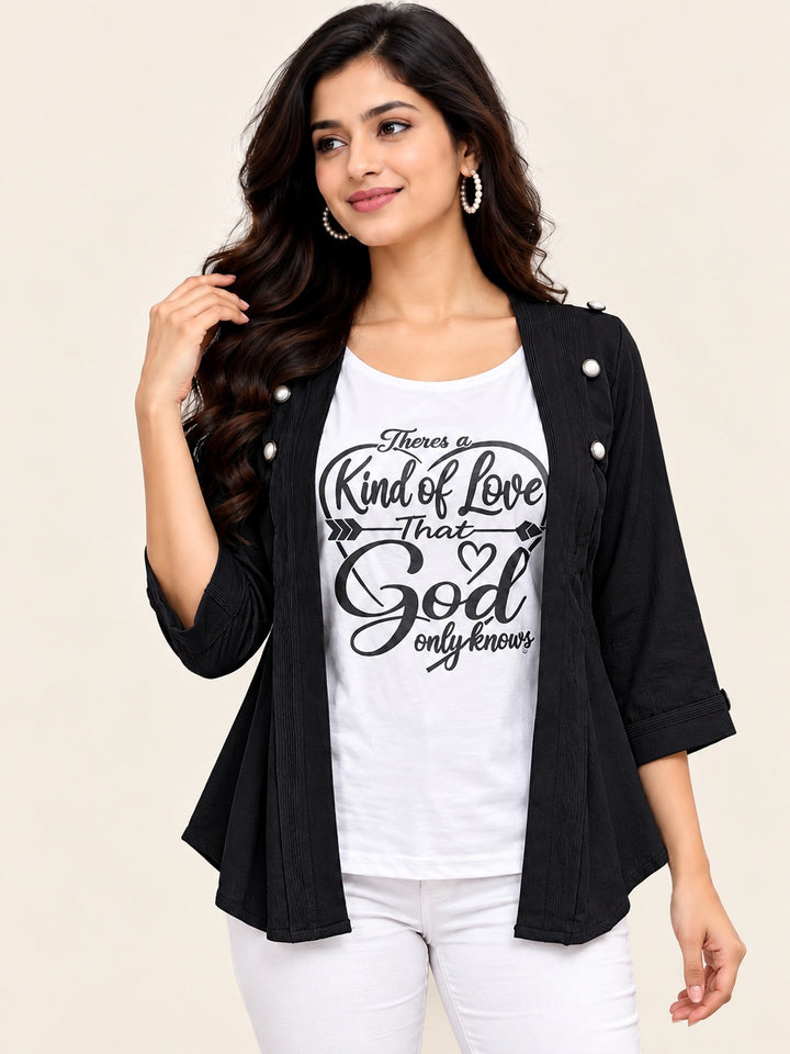 Stylish 2-in-1 Layered Top with Open Front Shrug – Lycra Cotton