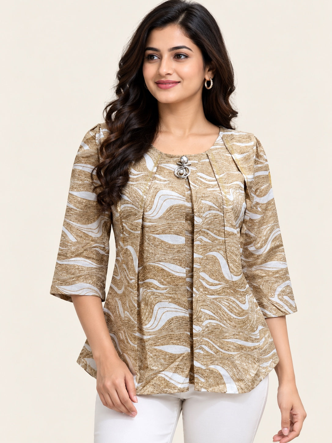Abstract Printed A-Line Short Top with Front Pleats – Smooth Imported Fabric
