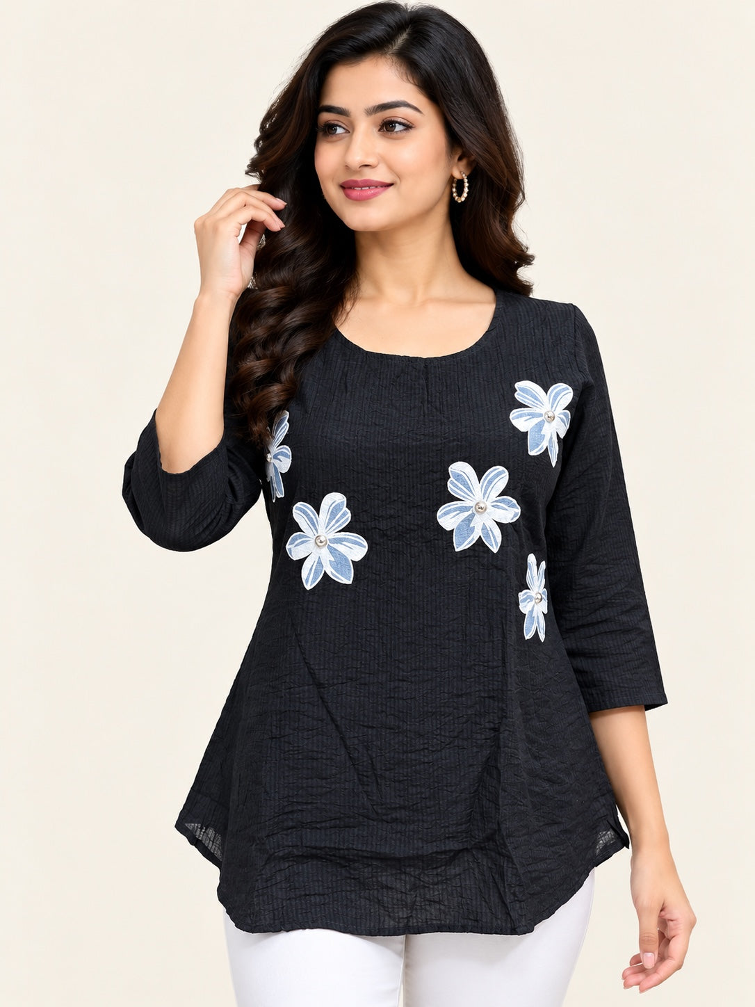 Floral Applique A-Line Short Top with 3/4 Sleeves – Casual Wear