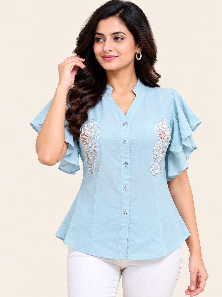 Sky Blue Floral Embroidered Short Top with Butterfly Ruffle Sleeves