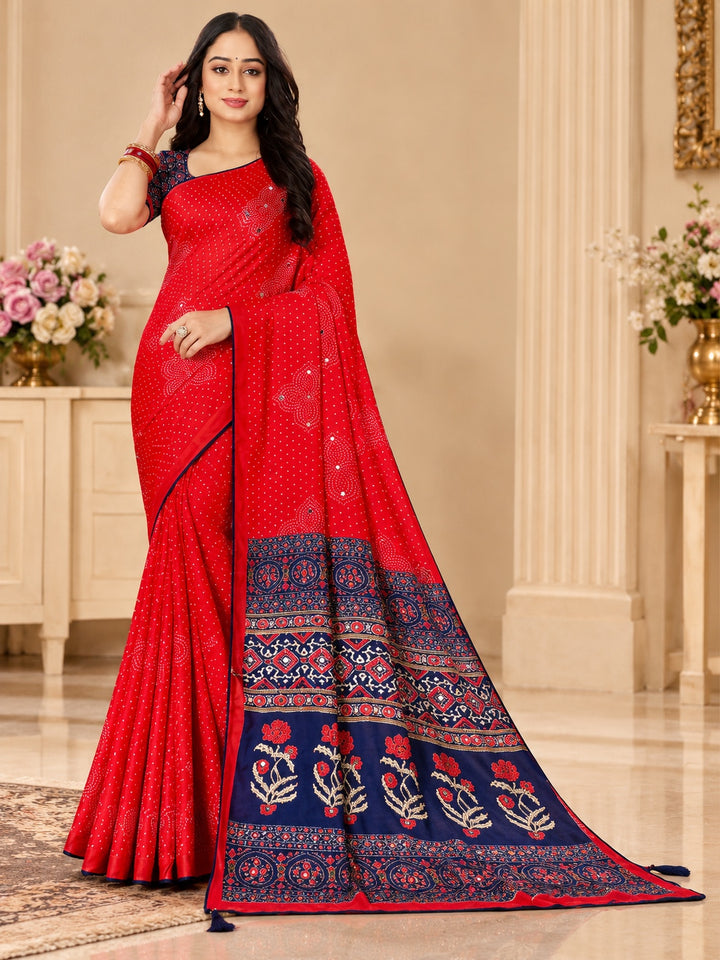 Red Soft Satin Saree with Navy Blue Floral Printed Pallu & Contrast Border