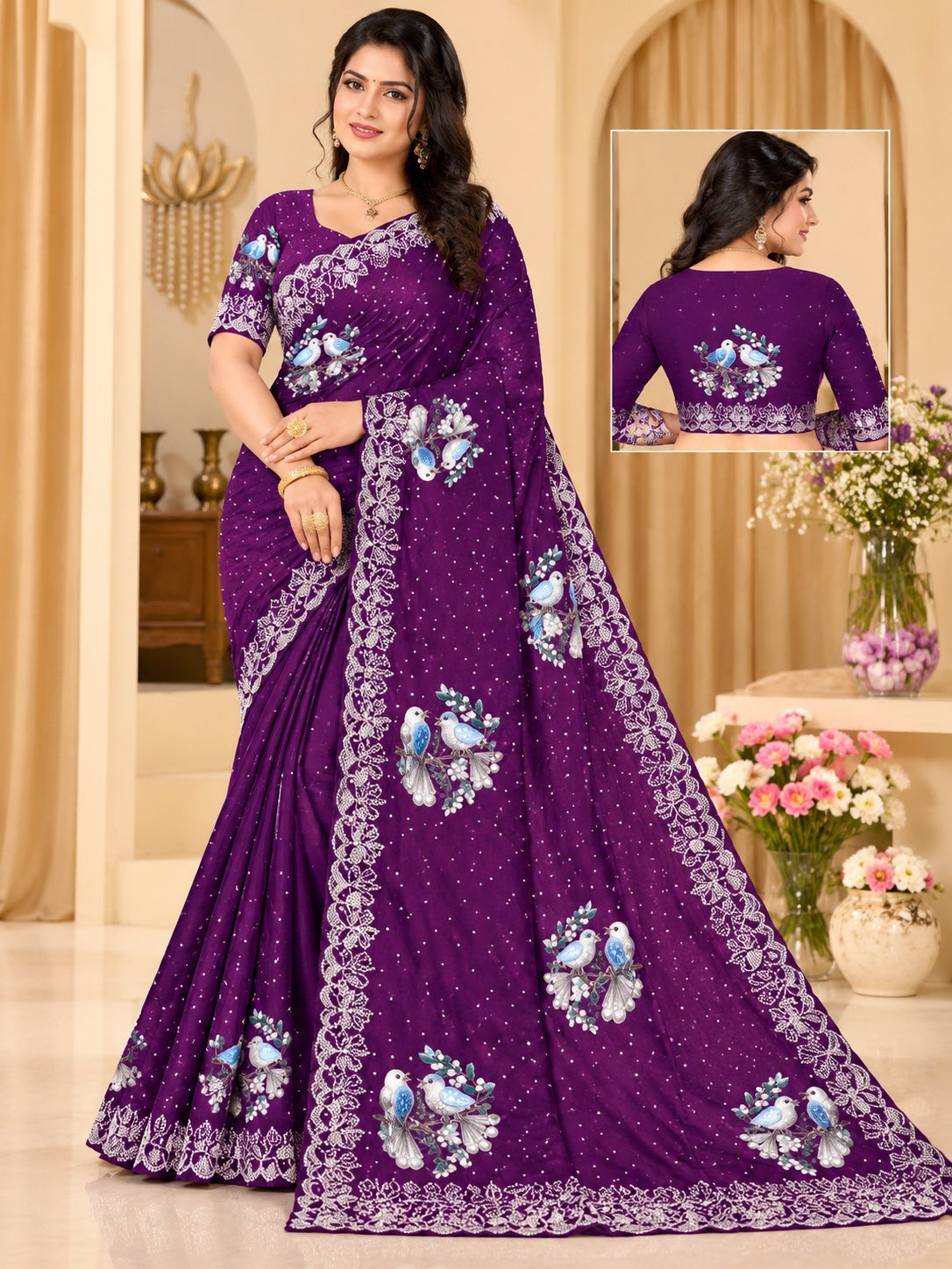 Royal Purple Space Silk Saree with Bird Motifs & Floral Embroidered Border