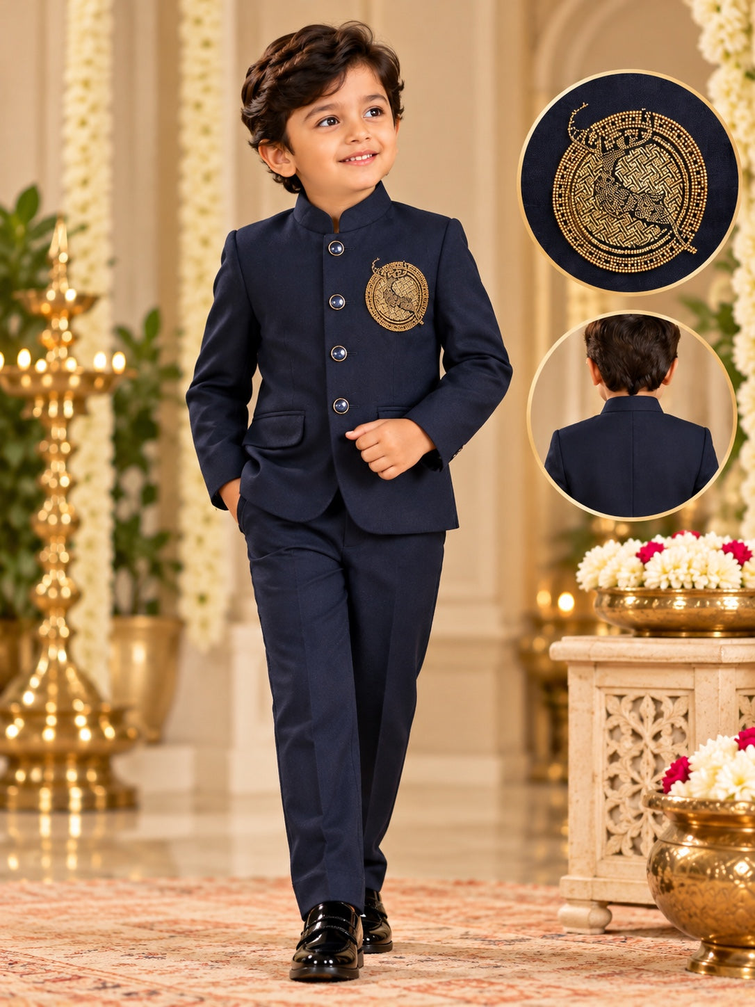Boys Navy Blue Jodhpuri Suit 2-Piece Set