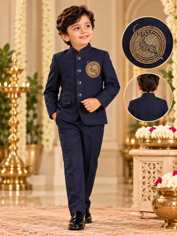 Boys Navy Blue Jodhpuri Suit 2-Piece Set