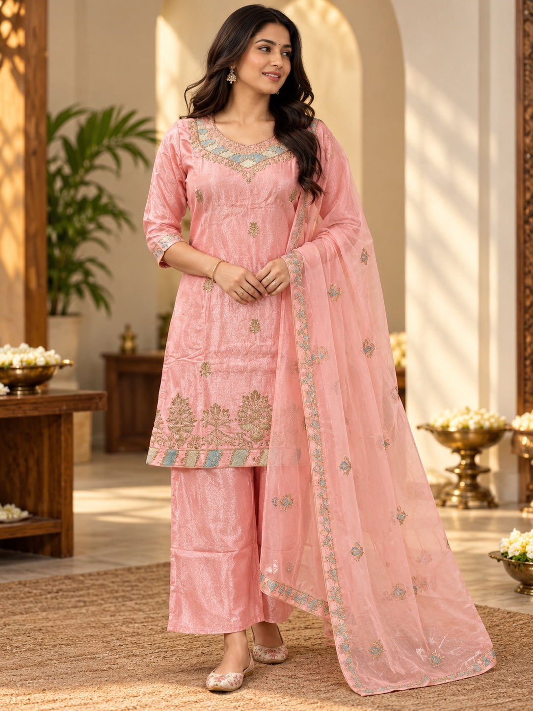 Peach Pink Shimmer Kurta with Decorative Neckline and Motif Border
