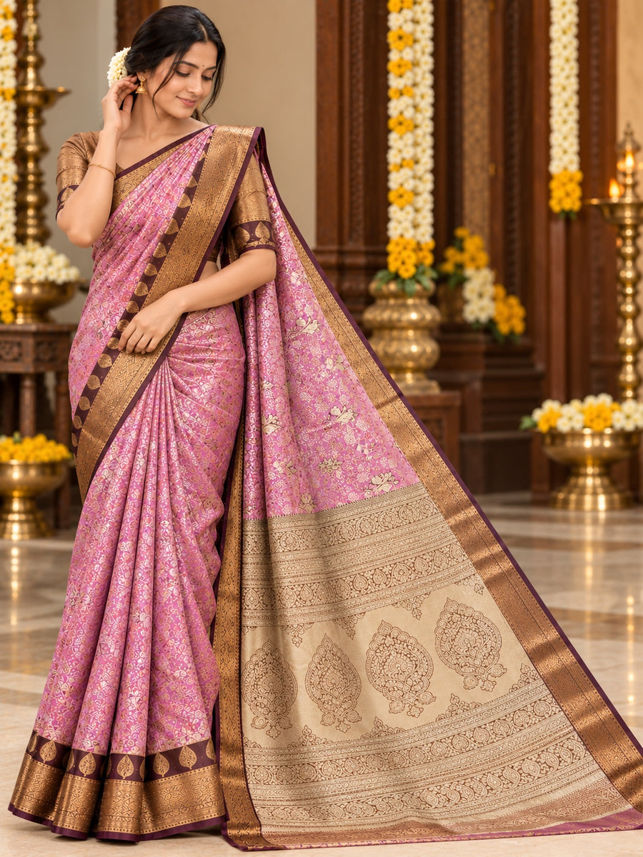 Pink Banaras Pattu Saree with Contrast Border and Ornate Pallu