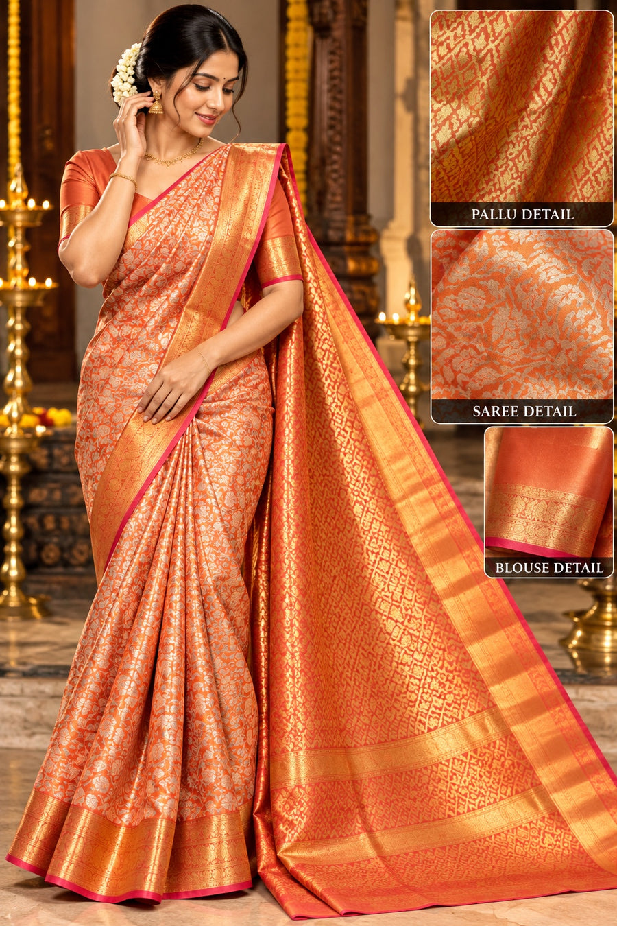 Orange Banaras Pattu Saree with Floral Motifs and Gold Border