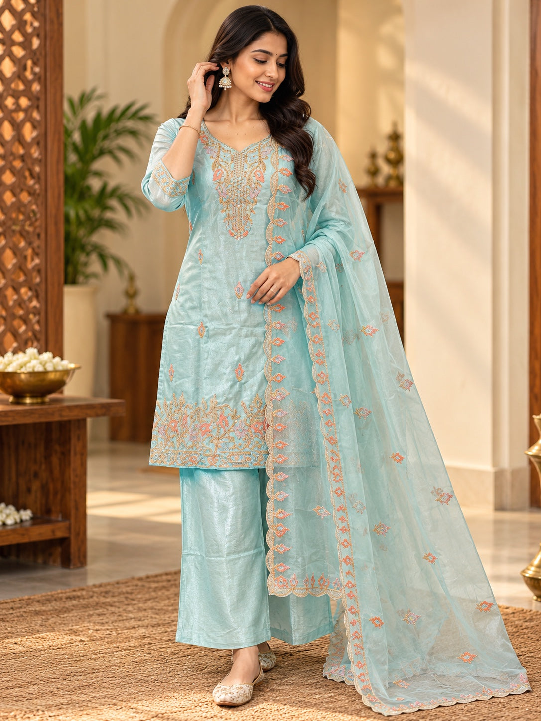Aqua Blue Fancy Shimmer 3-Piece Kurta Set with Dupatta