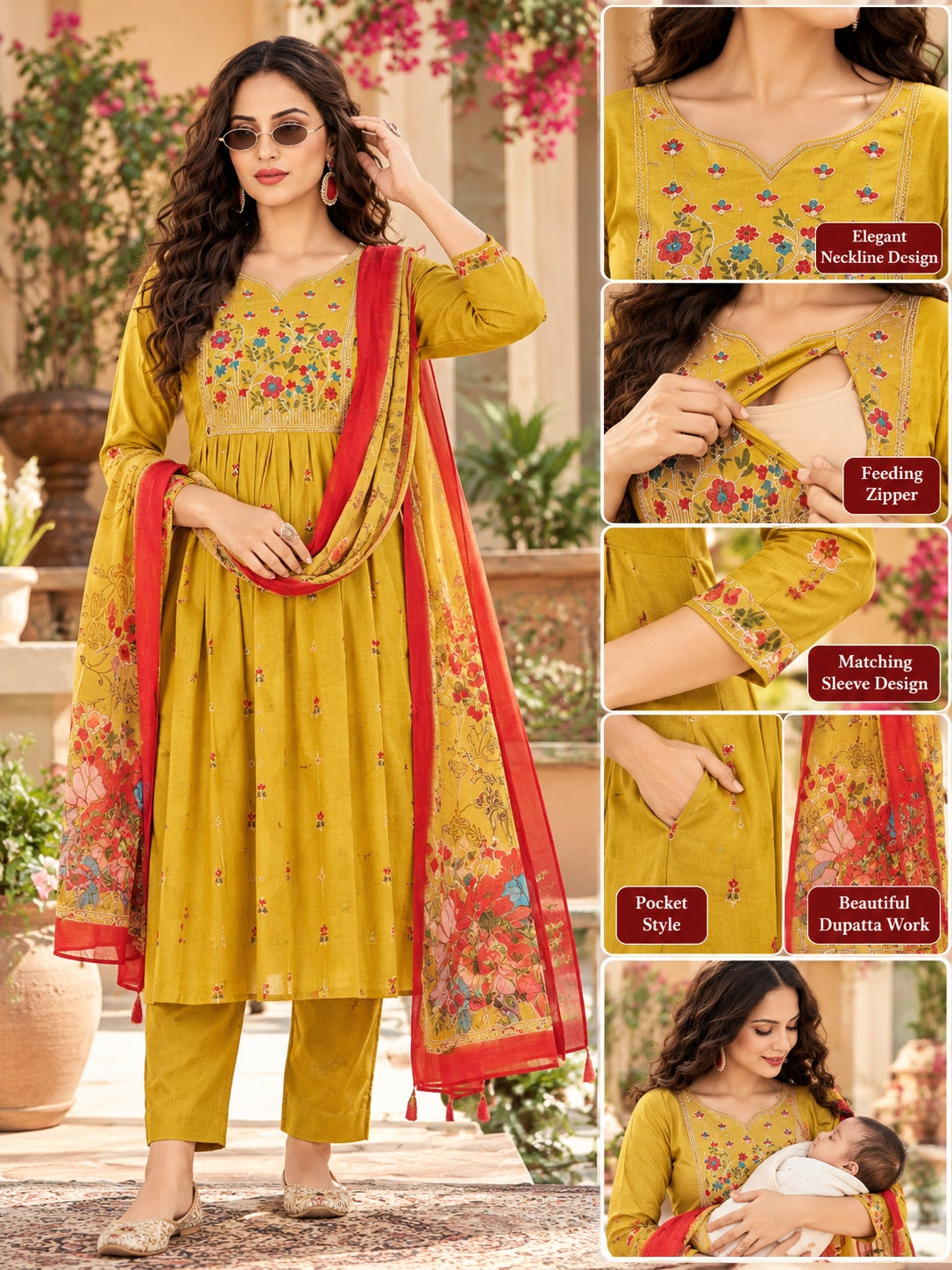 Vatican Silk Feeding Kurta with Floral Yoke and Pocket