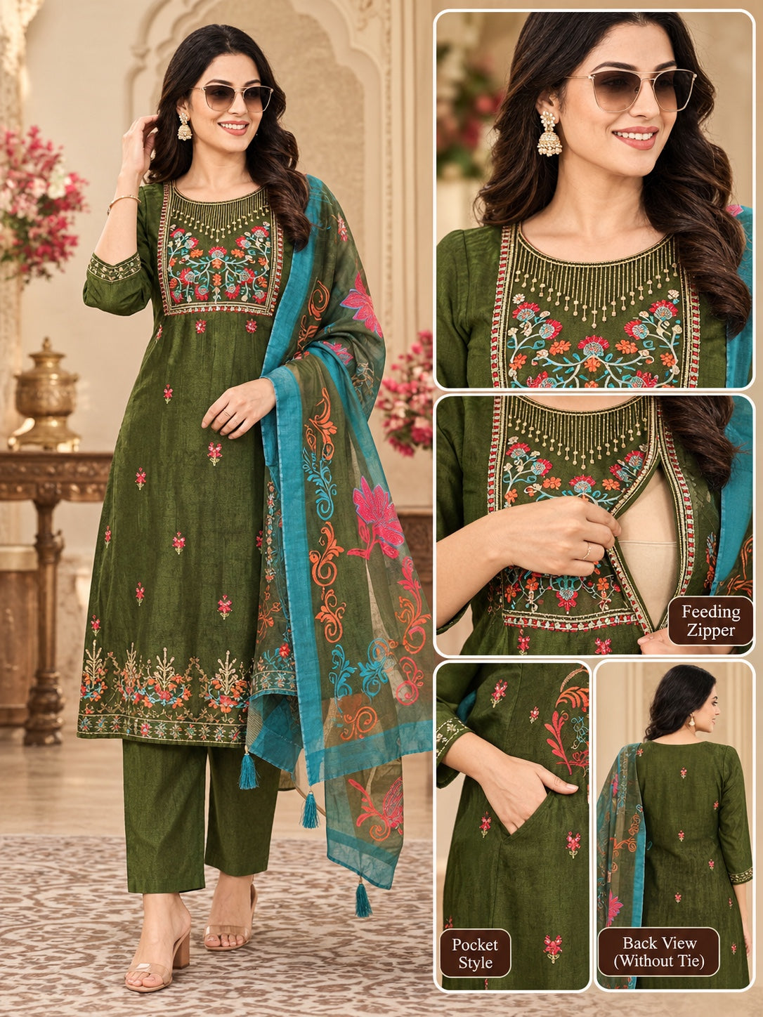 Vatican Silk Feeding Kurta with Floral Yoke and Pocket