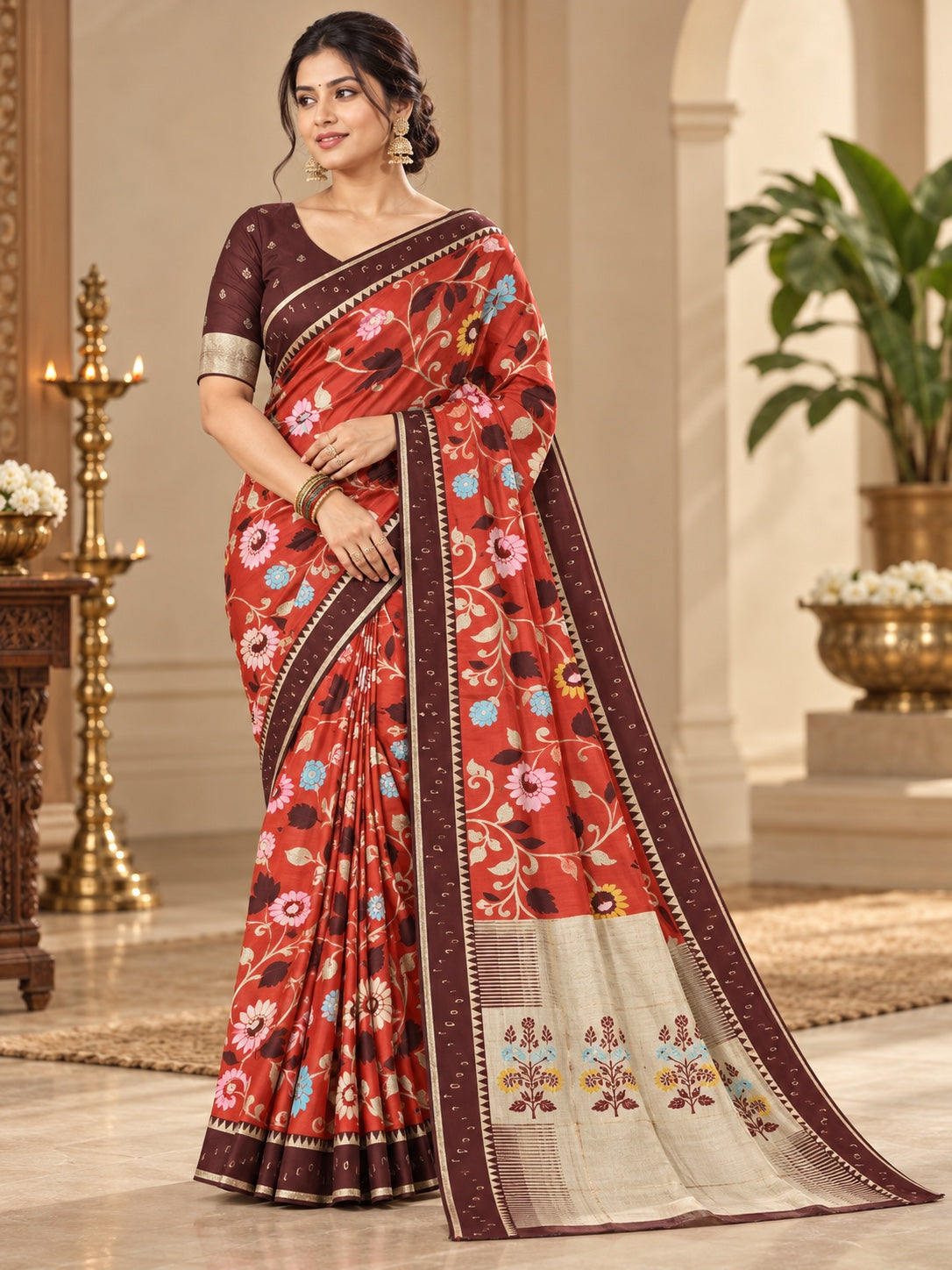 Floral Vine Woven Saree with Contrast Border for Women | L001