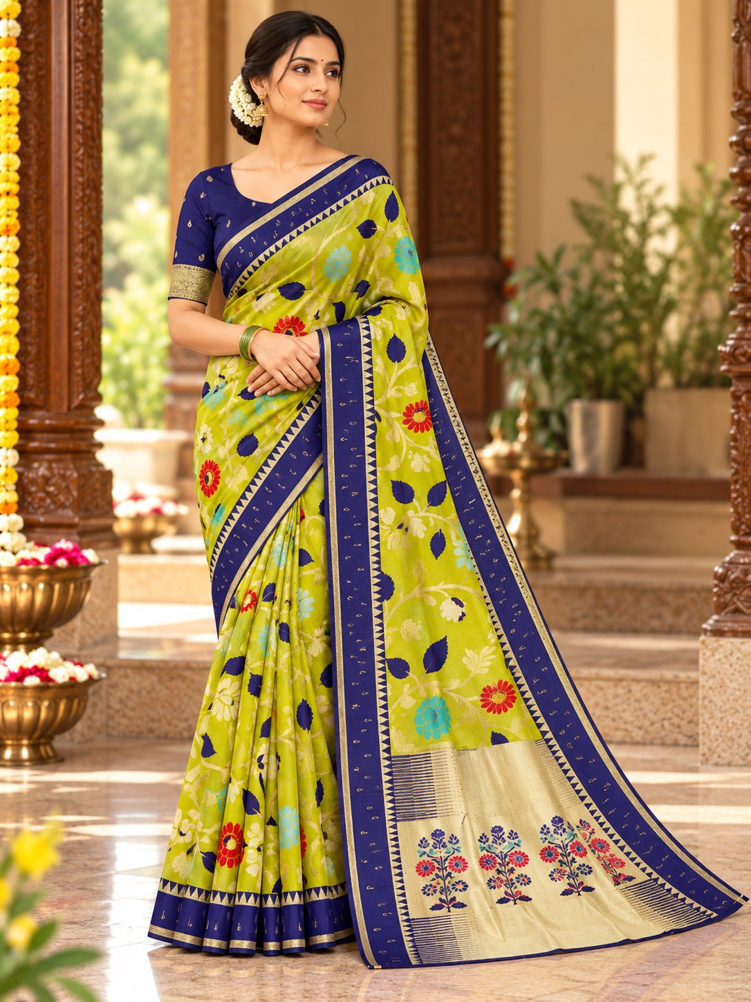 Floral Vine Woven Saree with Contrast Border for Women | L001