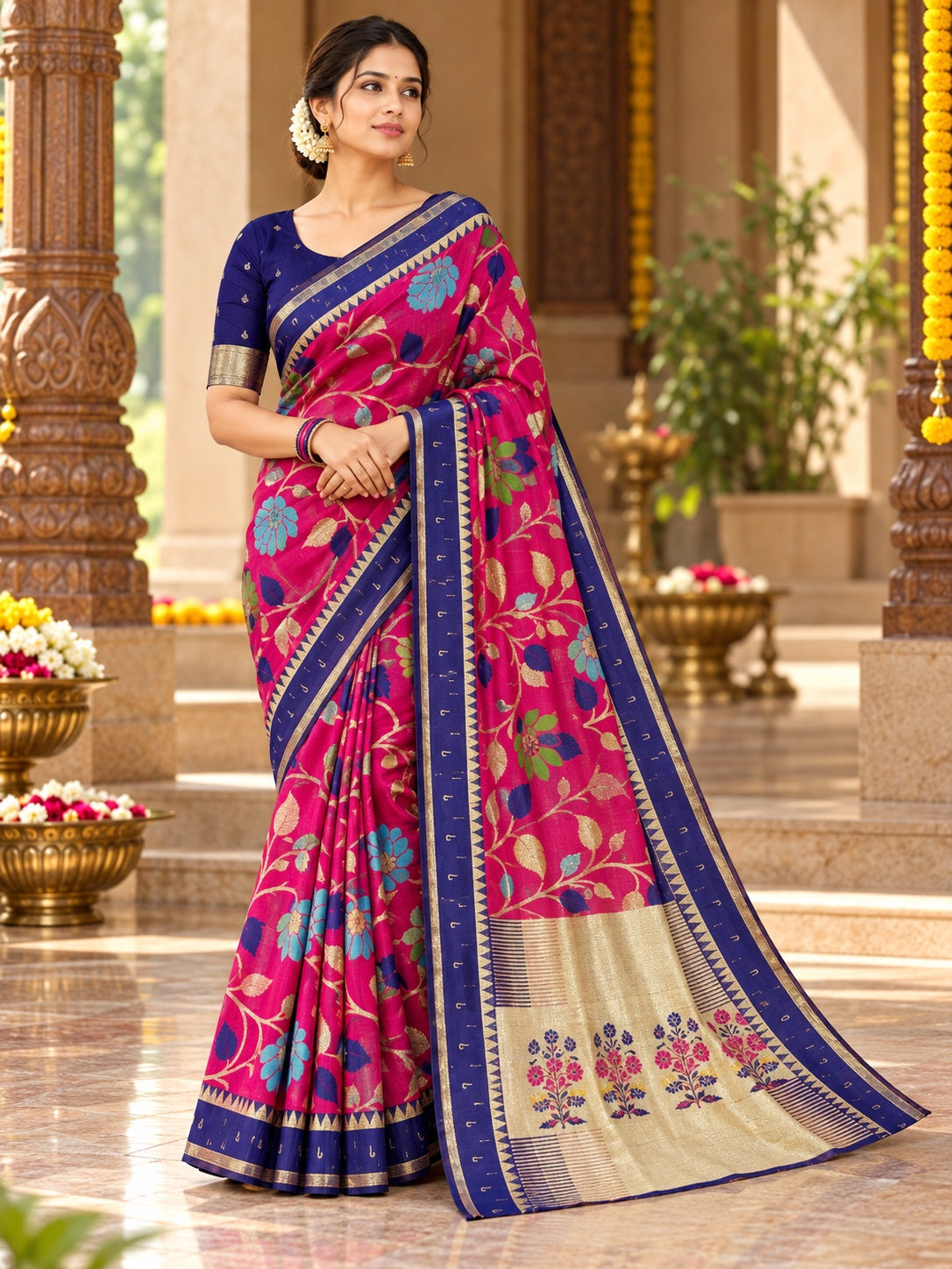 Floral Vine Woven Saree with Contrast Border for Women | L001