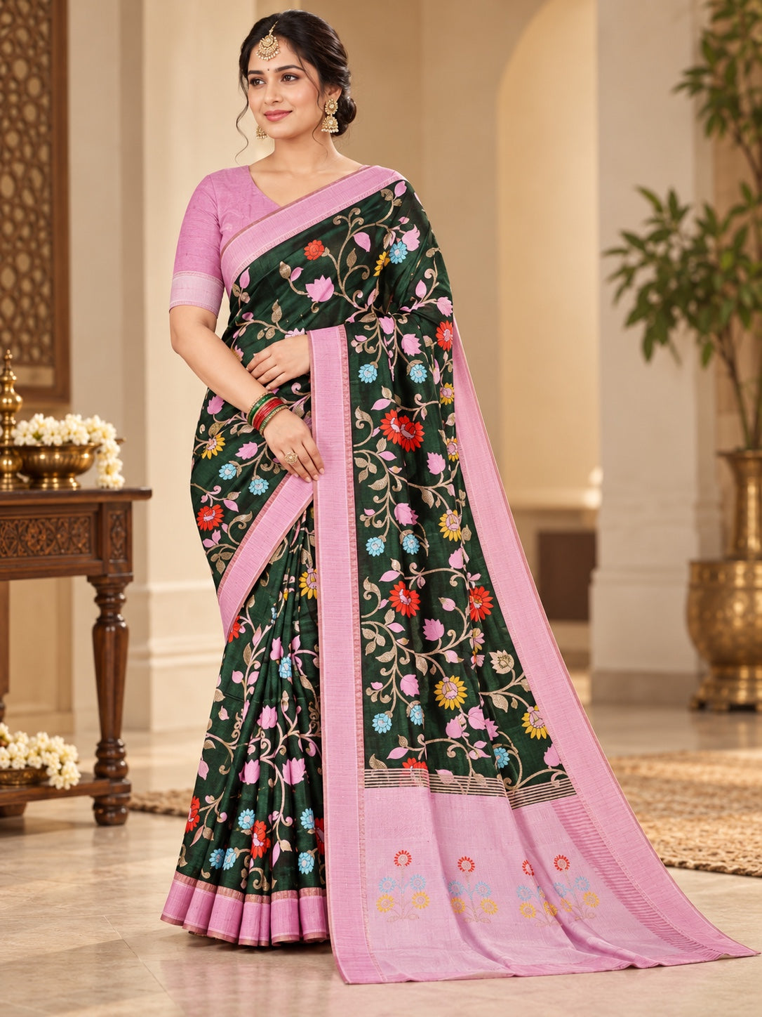 Floral Vine Woven Saree with Contrast Border for Women | L001