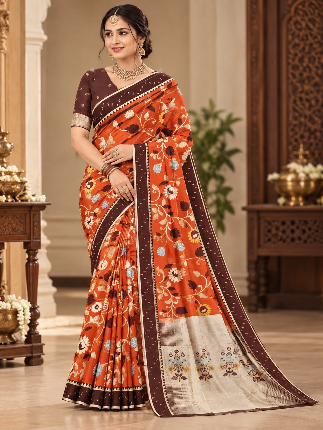Floral Vine Woven Saree with Contrast Border for Women | L001