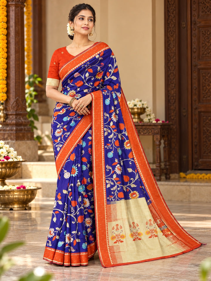 Floral Vine Woven Saree with Contrast Border for Women | L001