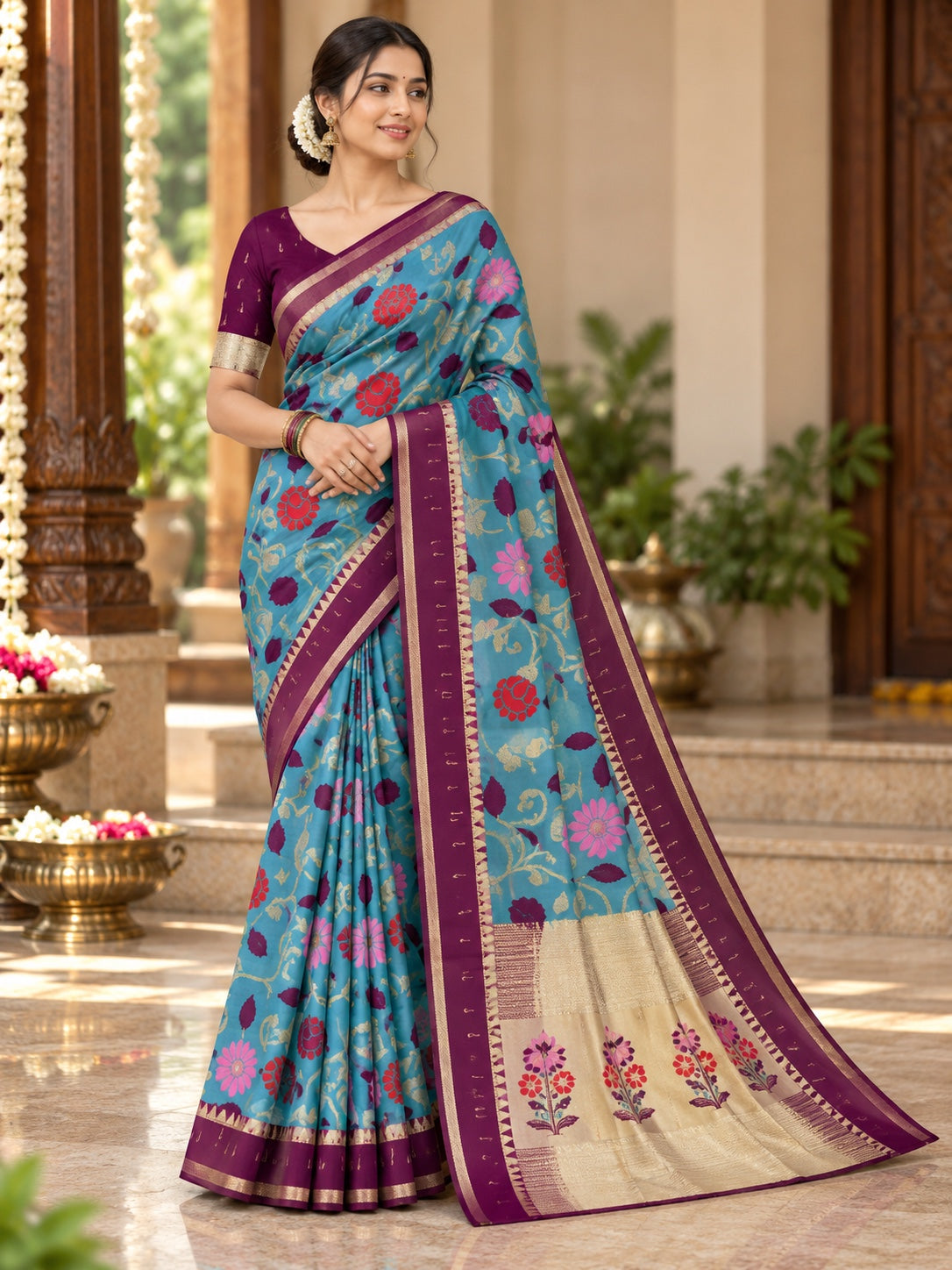 Floral Vine Woven Saree with Contrast Border for Women | L001