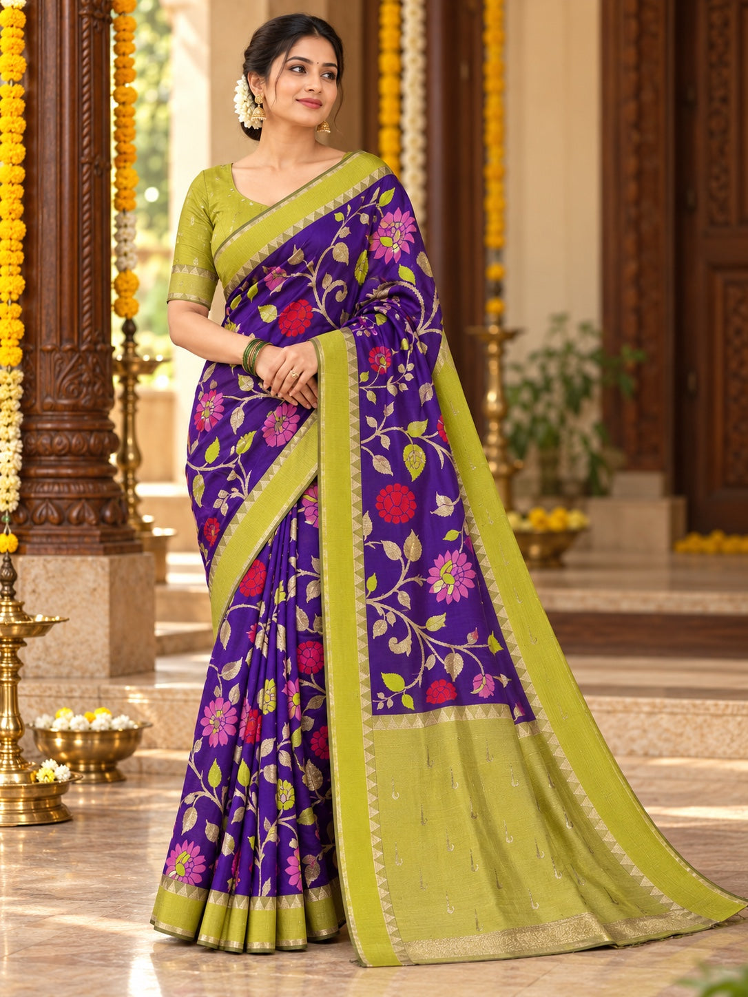 Floral Vine Woven Saree with Contrast Border for Women | L001