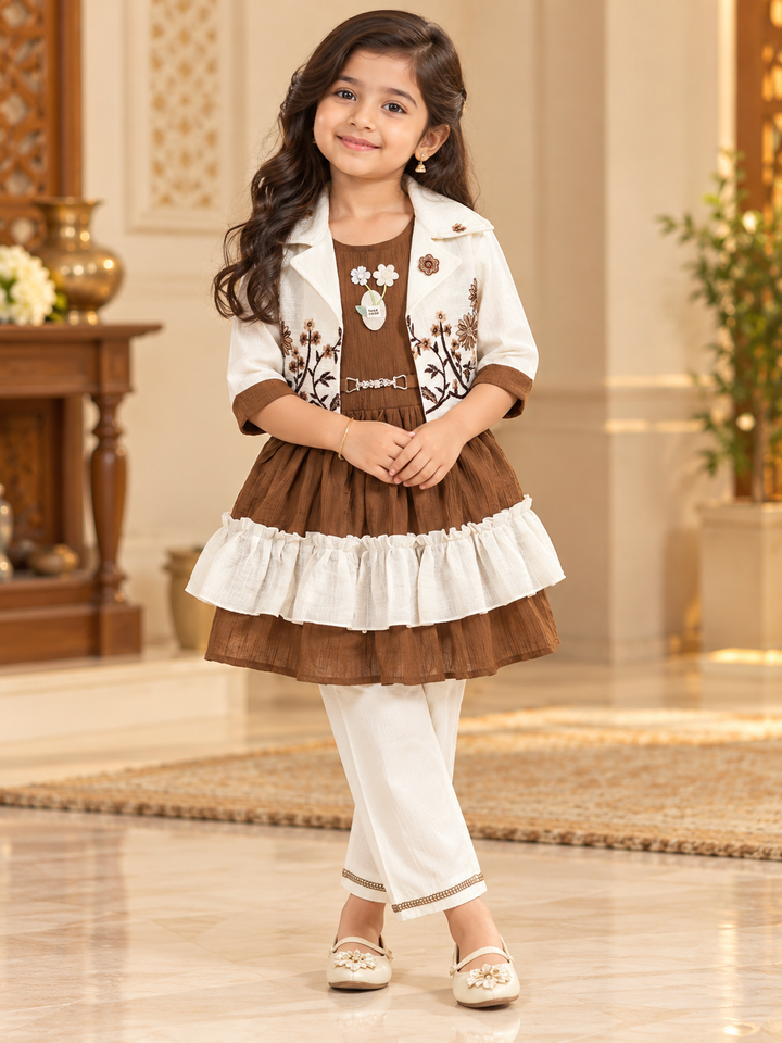 Girls Brown & Cream Banaras Pattu Ruffle Outfit