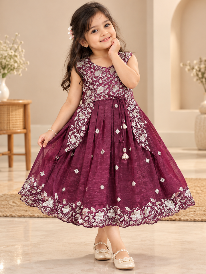 Girls Wine Floral Embroidered Sleeveless Party Wear Frock