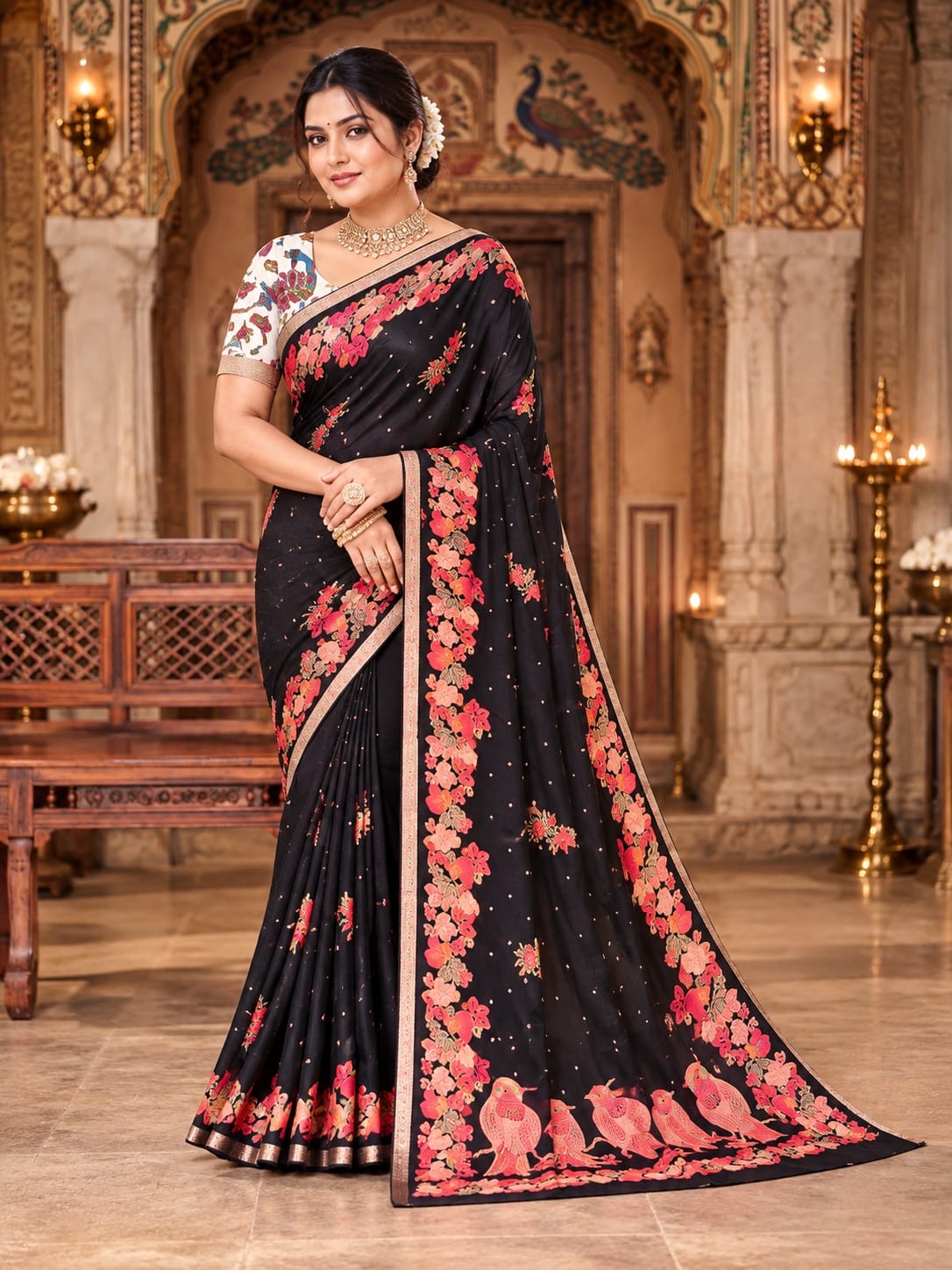 Floral Border Georgette Saree with Bird Motif Pallu