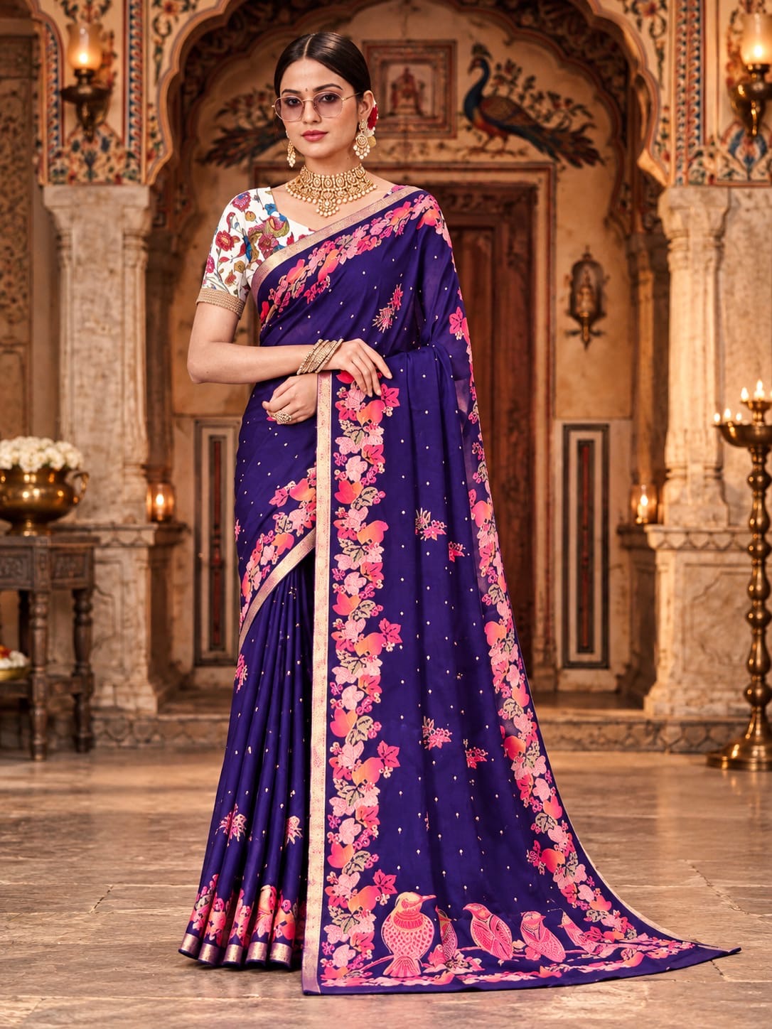 Floral Border Georgette Saree with Bird Motif Pallu