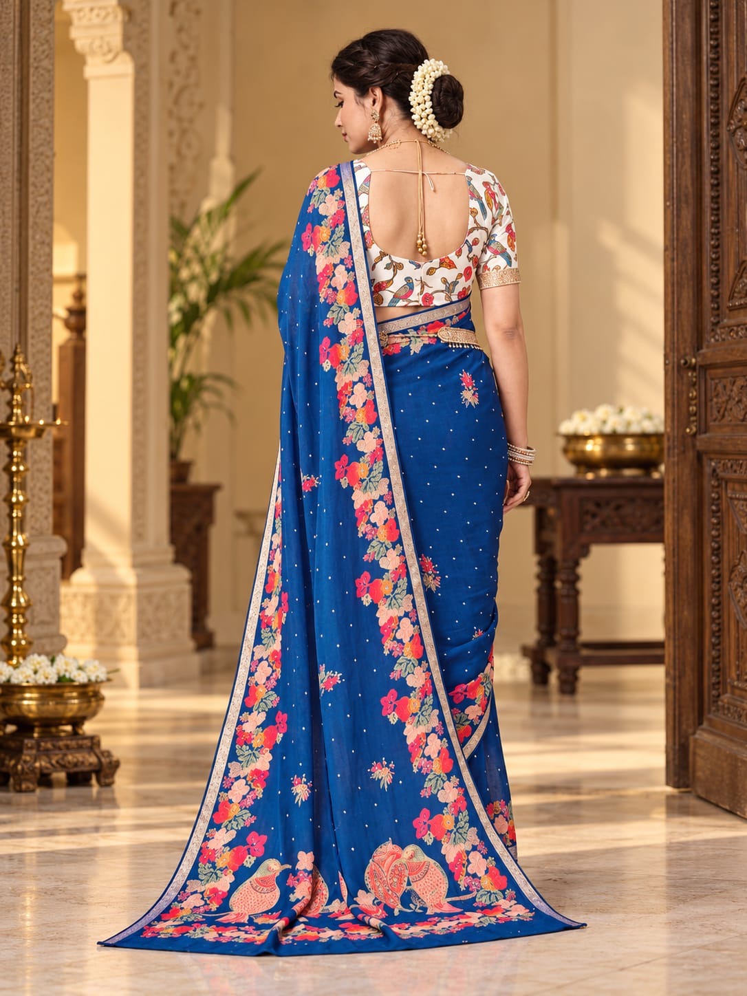 Floral Border Georgette Saree with Bird Motif Pallu