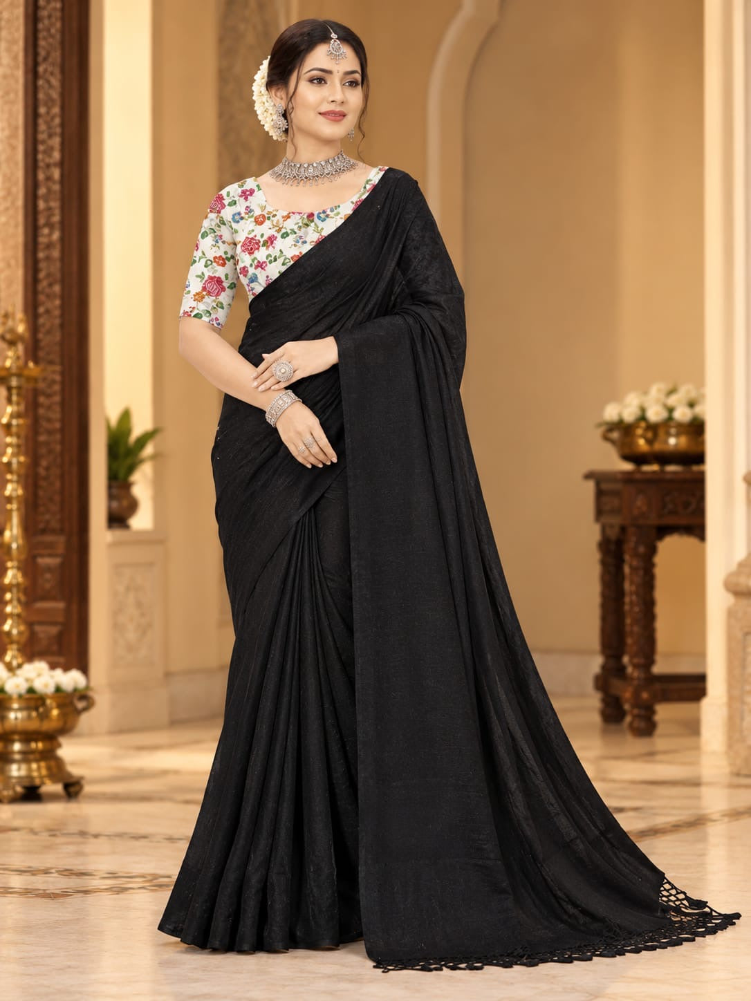 Black Crushed Shimmer Chiffon Saree with Tassel Pallu
