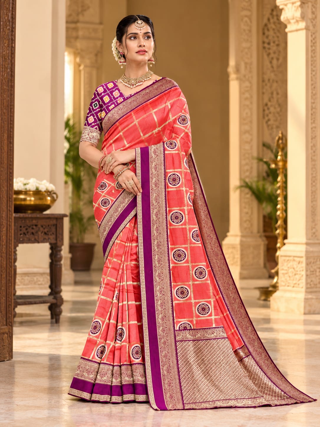 Benarasi Patola Checked Saree with Contrast Border