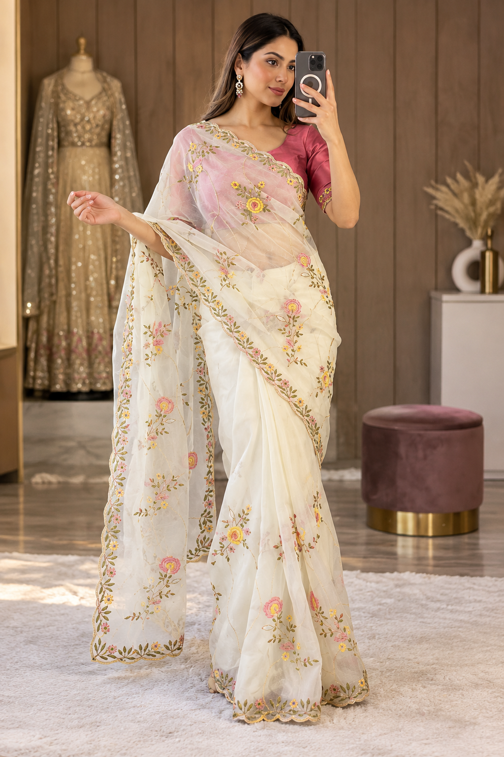 Ivory White Floral Embroidered Saree with Pink Blouse