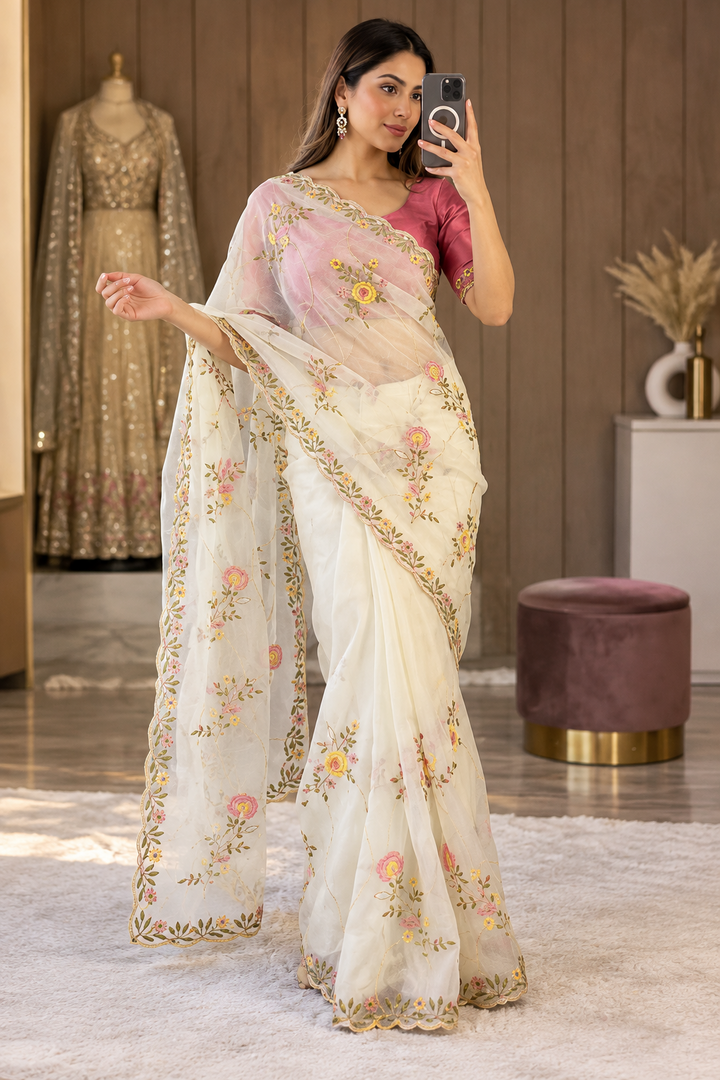Ivory White Floral Embroidered Saree with Pink Blouse